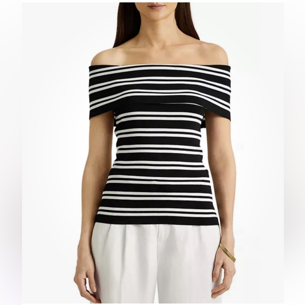 Ralph Lauren Black Label Off-Shoulder Black White Striped Sleeveless Top Sz S